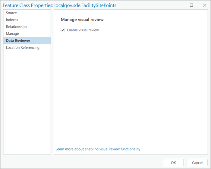 Feature Class Properties dialog box with the Data Reviewer tab active and Manage visual review settings